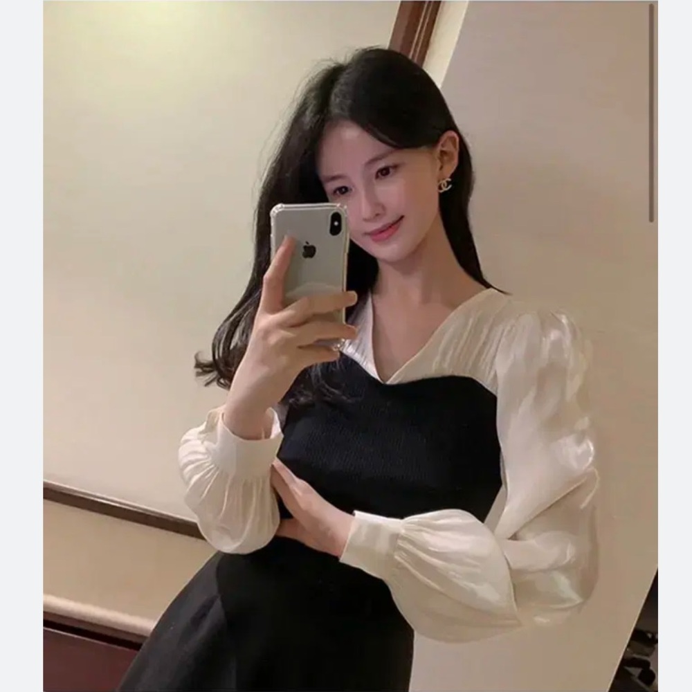 Chic Black Bustier Layer top White Puff Sleeve Blouse Korean brand Benito